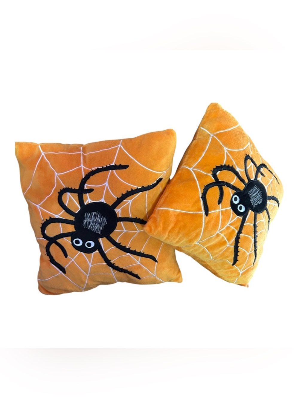 Set of 2 Halloween Orange Plush Spider Throw Pillows 12” x 13” Decorative Accent